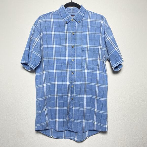 Faded Glory Button Up Short Sleeve Shirt Mens Size‎ M Blue Plaid Casual Workwear - Picture 1 of 9
